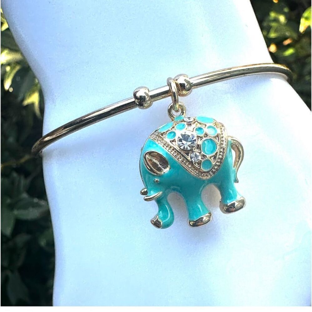 Blue enamel elephant charm open cuff bracelet